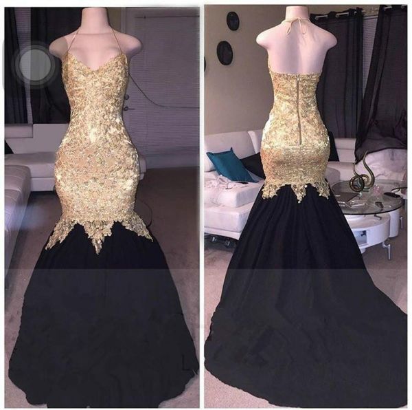 

charming gold applique halter mermaid long prom dresses pageant taffeta sleeveless african evening vestido de noche formal long party gowns, Black