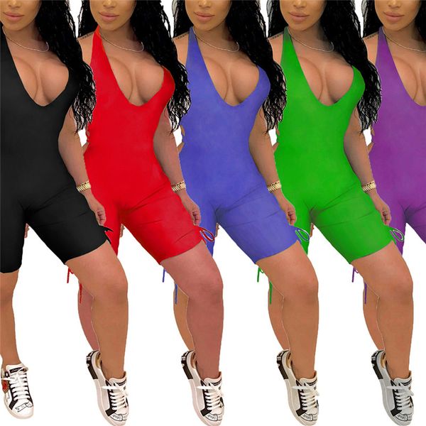 

deep v-neck clubwear women's sling jumpsuit summer hanging neck cutout lace up bodysuit solid color backless romper 7 color, Black;white