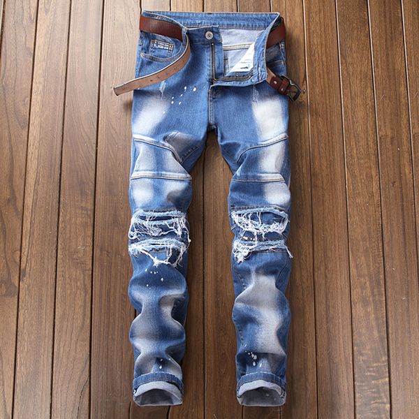 

mens vintage skinny jean distressed slim elastic jeans denim biker jeans washed ripped patchwork, Blue