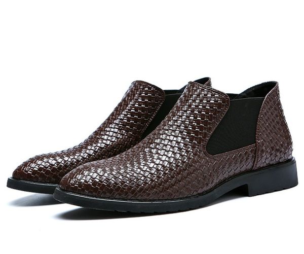 

arrival blue black fashion shoes men boots elasticated patent pu leather ankle pointed low heel boots shoes 38-44