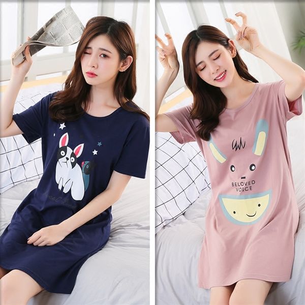 

summer nightgown 100% cotton women sleepwear casual lounge dress nightwear cute cartoon night shirts nightdress  l xl xxl, Black;red