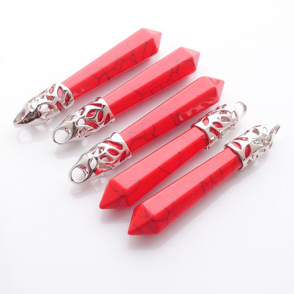 

wojiaer natural red turquoise gem stone hexagonal pointed reiki chakra pendant bead 5pcs charm jewelry dn3008, Silver