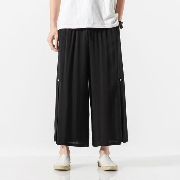 

male streetwear hip hop straight loose skirt pant kimono trousers men cotton linen casual wide leg pants, Black