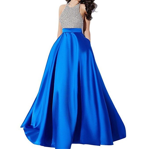 

beaded halter neck satin evening dresses with pockets 2019 backless long prom gowns robe soiree blue black burgundy, Black;red