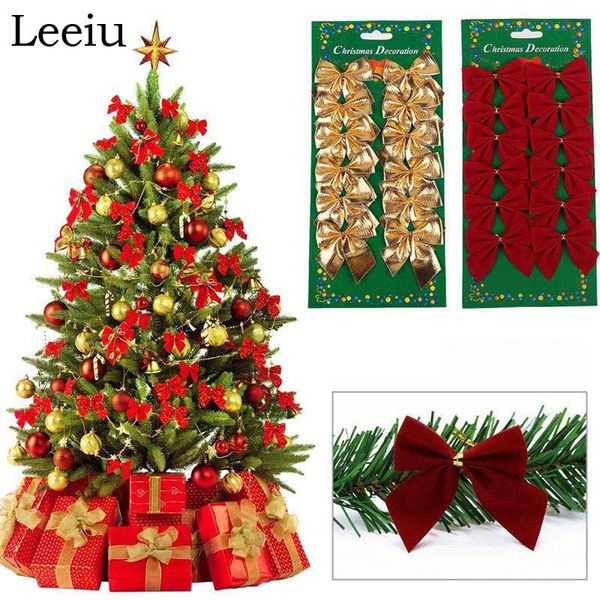 

leeiu 12 pcs red gold silver color christmas tree decoration bowknot xmas bow ornaments decor for home new year party supplies