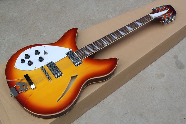 Factory Personal Left Handed Semi-hollow Cherry Sunburst guitarra com 12 cordas, Rosewood Fingerboard, pode ser personalizado