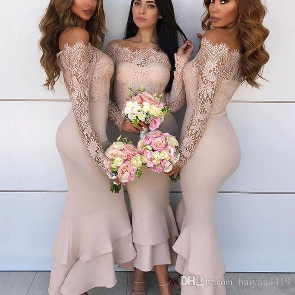 Румяние розовые дешевые платья подружки невесты русалки с длинными рукавами от плечевых кружевных.