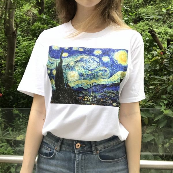 

женщины лучшие женщины рубашка летняя мода t shirt женщины печать гог искусство картина маслом звездное плюс размер повседневные с коротким, White