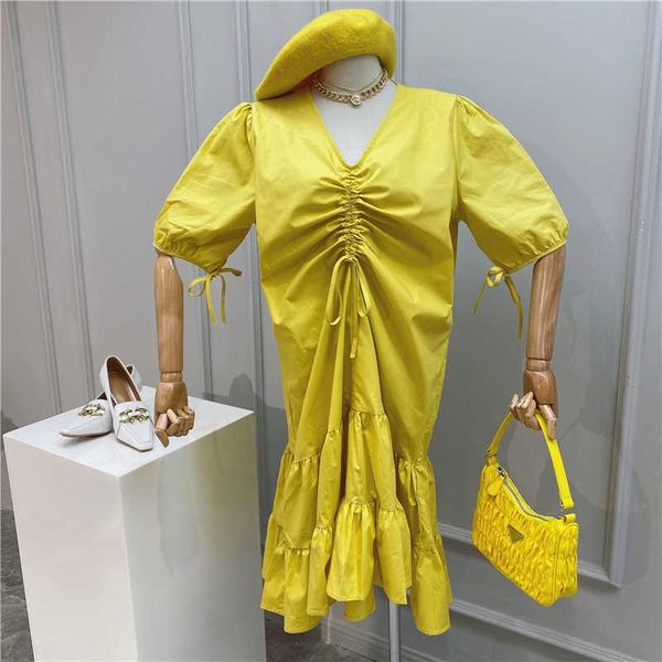 

[ewq]2020 summer new v-neck drawstring lace puff sleeves dress women elegant long robe simple casual lady ruffled dress 5 colors, Black;gray