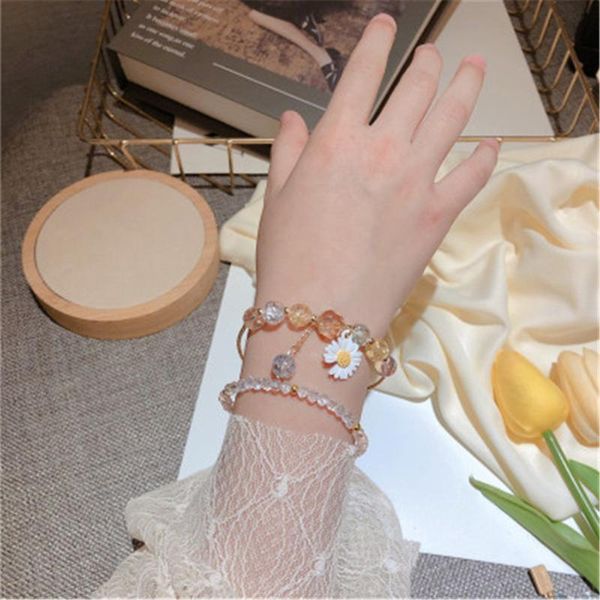 

1pc korean crystal beads popcorn crack beads spring and summer daisies flower double layer bracelet party gift jewelery, Golden;silver
