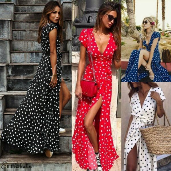 

women wrap summer boho polka dot maxi dress casual ladies short sleeve v neck holiday beach long sundress fashion wrap sundress, Black;gray