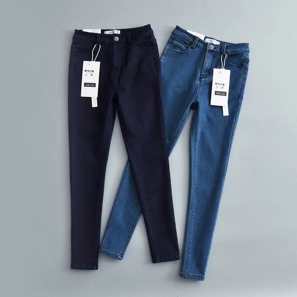 

ac plus velvet jeans women's skinny pants europe and america autumn and winter women's pants high-waisted 4-color base-thick cow, Blue