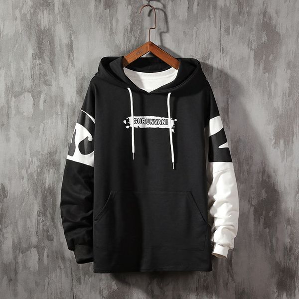 

men's hooded autumn new fashion handsomesweatshirt male patchwork hip hop loose casual long-sleeved hoodie, Black