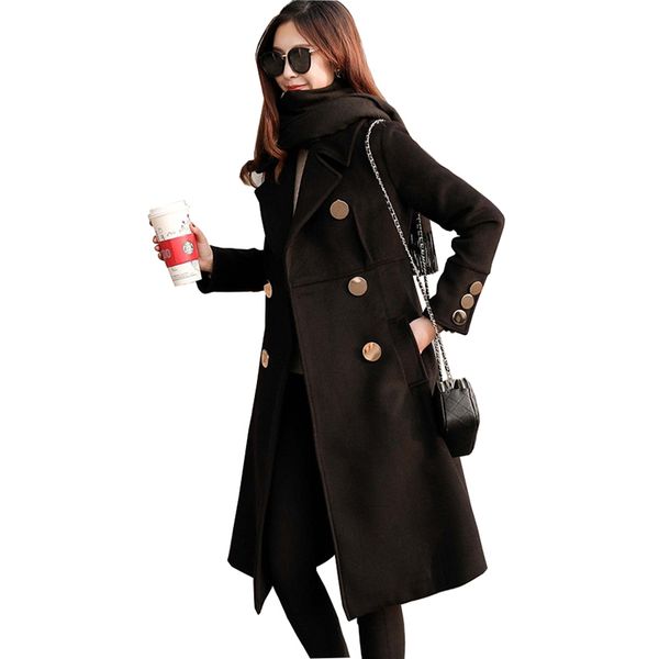 

double-breasted woolen coat female long student coats 2019 new autumn winter casual plus size black wool coat women slim big gol