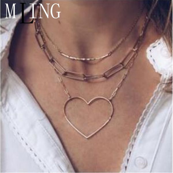 

mling vintage gold multilayer choker necklace bohemian heart pendant necklace for women, Silver