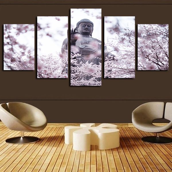 

5 panels buddha statue flower artworks giclee canvas wall art for wall decor abstract poster hd canvas print oil painting