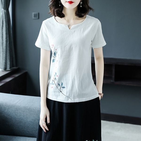 

лето 2020 футболка хлопок и лен большой размер печатных короткими рукавами футболки женщин свободный круглый воротник тонкий верхний a528, White