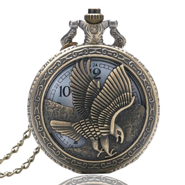 

vivintage 3d flying eagle cover quartz pocket watch bronze hawk wing necklace chain clock souvenir gifts for men women, Slivery;golden