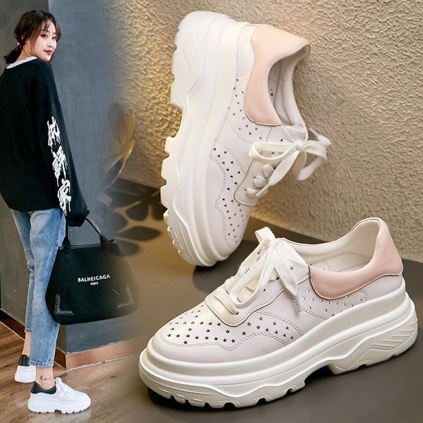

inside and pure leather korean-style casual platform porous shoes 2019 spring and autumn new style genuine leather casual sports, Black