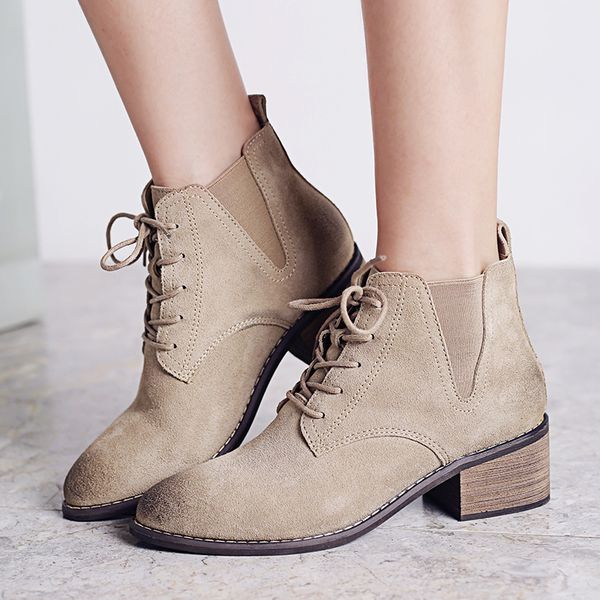 

teahoo retro genuine leather boots women autumn shoes pointed toe lace up ankle boots for women short booties ladies ankle, Black