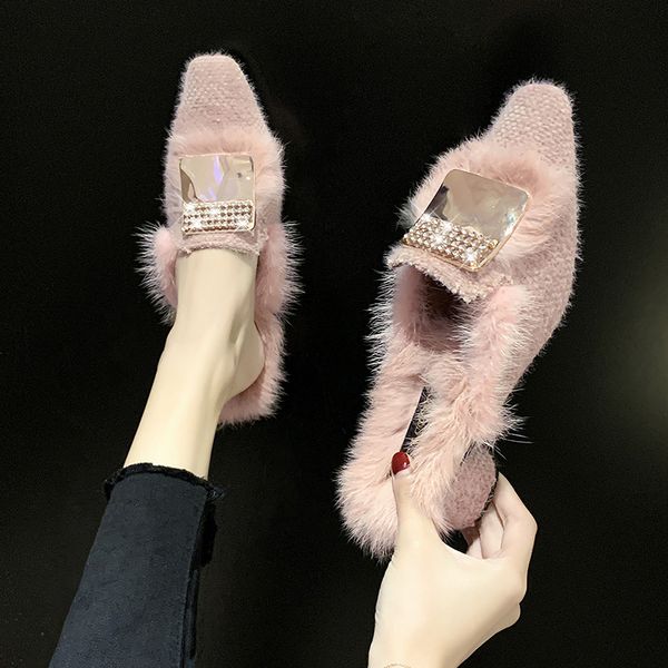 

low shoes woman 2019 slippers heels cover toe square heel flock female mule luxury slides slipers women fur flip flops high, Black