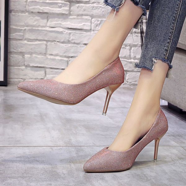 

2020 spring and autumn new ladies high heels sequins luxury pointed mature wild fashion light women's shoes w27-05, Black