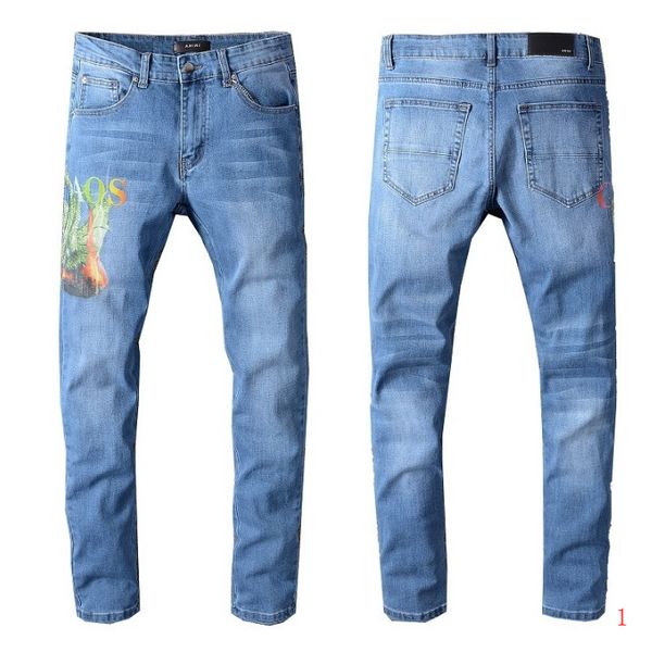 

2020 new arrival men's summer jeans fashion print stretch slim straight jeans zipper fly denim trend men's casual pants wf2004161, Blue