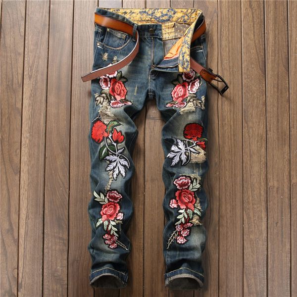 

men's vintage blue rose flower embroidery denim jeans punk style casual holes ripped distressed torn motorcycle jeans trousers
