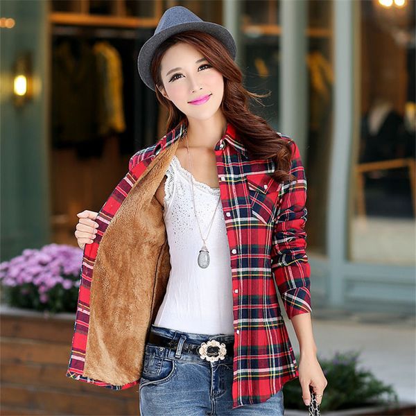 

2019 new winter warm women velvet thicker jacket plaid shirt style coat female college style casual jacket outerwear l34, Black;brown