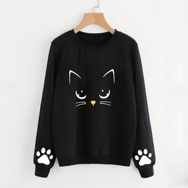 

women sweatshirt warm autumn winter cat printed hoodies kawaii o neck long sleeve pullovers blouse casual jumper clothes moletom, Black