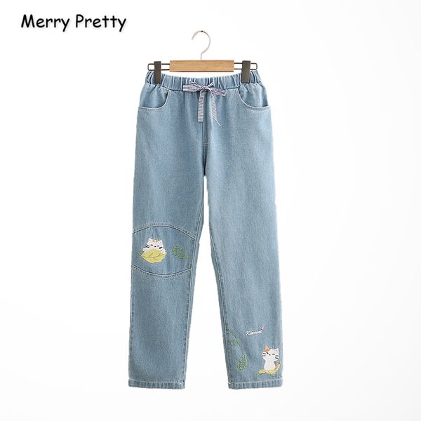 

women's denim pants cartoon cat embroidery pockets jeans for girl 2020 spring new high waisted casual straight pant merry pretty, Black;white