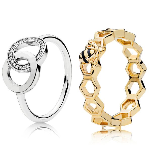 

2018 new 2 style silver ring charms hollow round bee colorful crystal rings for women jewelry, Golden;silver