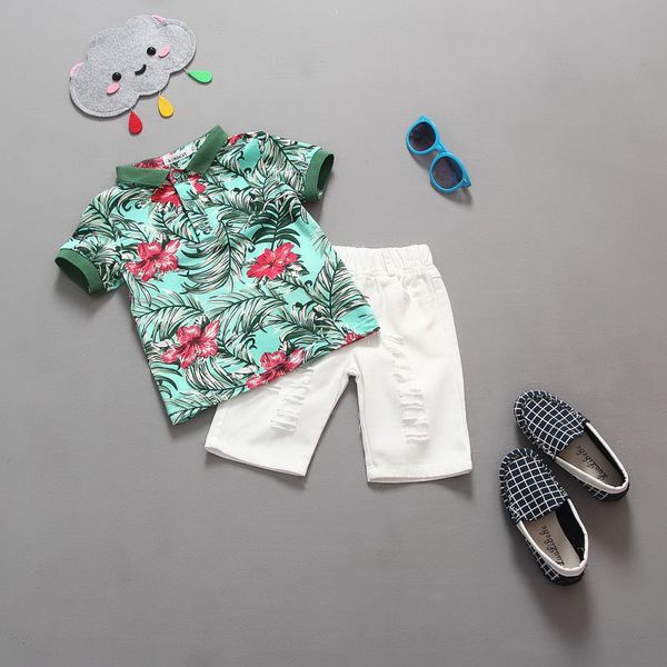 

2pcs toddler kids fashion baby boy flower t shirt short pants outfits clothing short sleeve sunsuit set, White