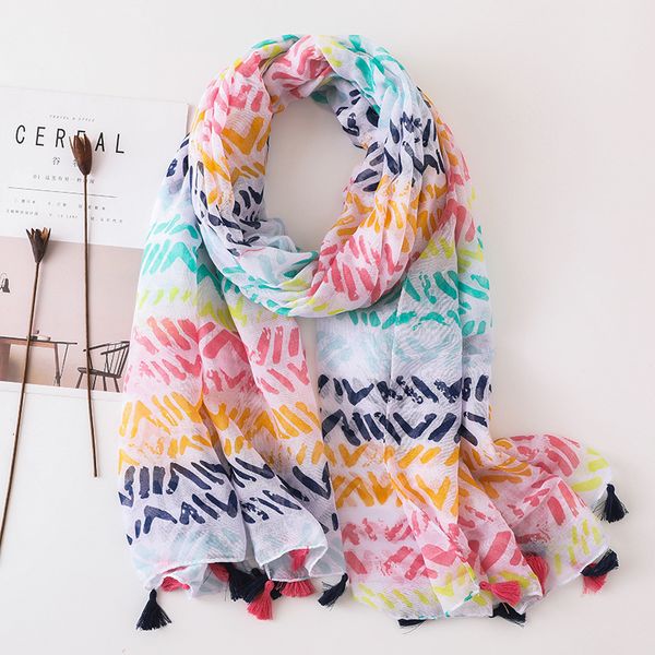

small fresh ripple color cotton scarf printing tassels seaside tourism joker air conditioner shawl, Blue;gray