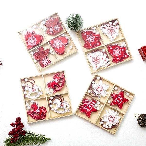 

white red christmas tree ornament diy wooden hanging pendants gifts angel snow bell elk star christmas decorations for home