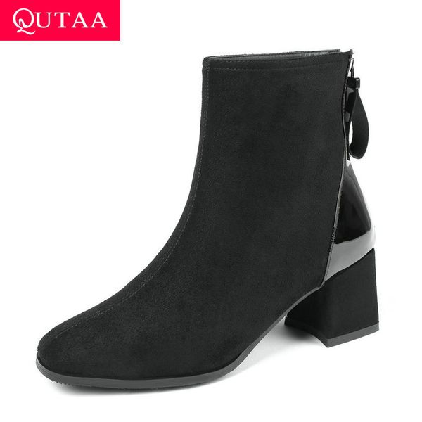 

qutaa 2020 fashion patchwork scrub pu leather women shoes round toe square high heel zipper autumn winter ankle boots size 34-43, Black