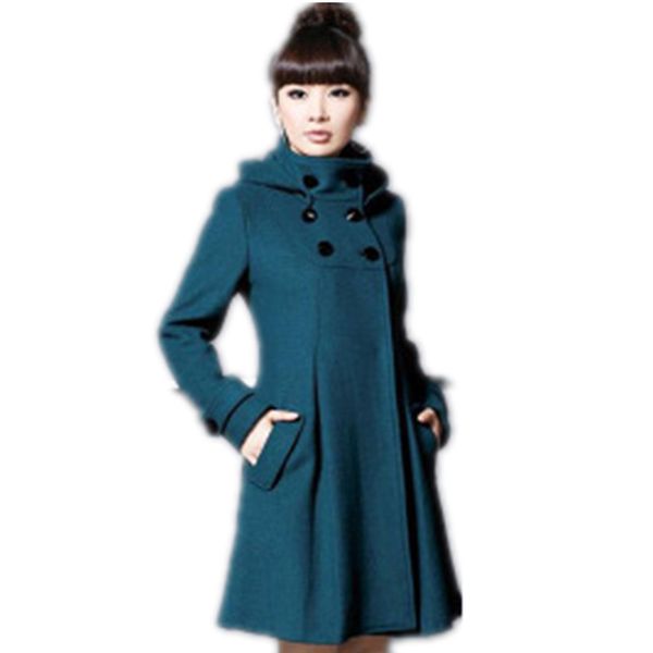 

fashion slim women wool jacket new winter hooded women solid color coat plus size medium length double-breasted wool coat g968, Black