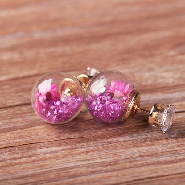 

glass ball dry flower stud earrings fashion trend earrings round ball for women wedding party charms jewelry waterdrop, Golden;silver