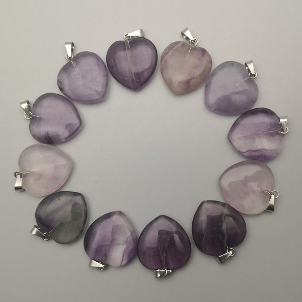 

natural stone violet fluorite fashion heart pendant necklace for jewelry making 12pcs charm accessories wholesale ing, Silver