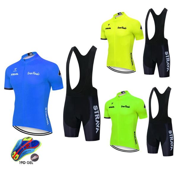 

strava cycling jersey fluorescent green set red bicycle short sleeve cycling clothing bike maillot jersey 19d bib shorts, Black;blue