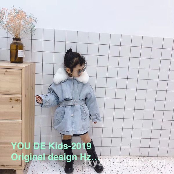 

2019 new winter clothing korean children's clothing girls winter new denim and lambskin detachable long-sleeved coat, Blue;gray