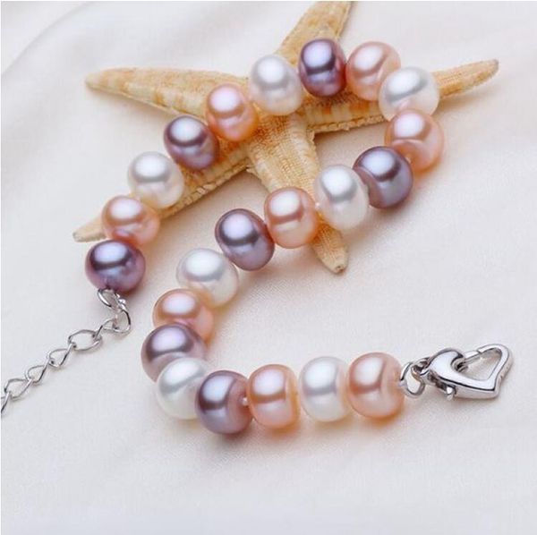

416 +++9-10mm steamed bun round natural freshwater pearl bracelet, Golden;silver