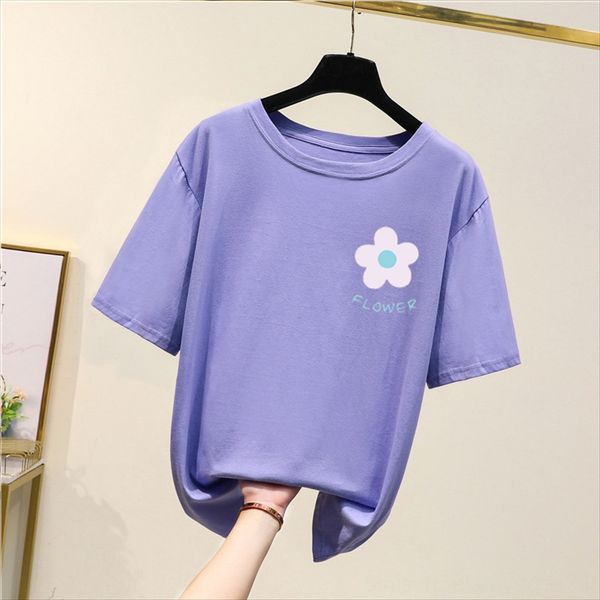 

16 colors pure cotton east gate women's loose large size t-shirt slim round neck cartoon base shirt, White