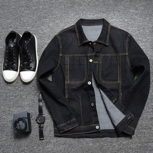 

autumn new denim jacket men stretch slim fashion retro wash solid color casual denim jacket man streetwear hip hop bomber, Black;brown