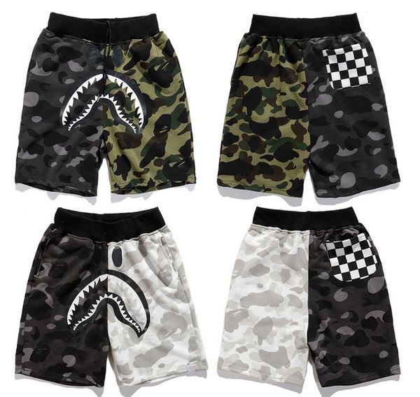 

tide brand japanese aape shark head dark black color matching lattice pocket shorts sports casual pants five-point pants men women coupl
