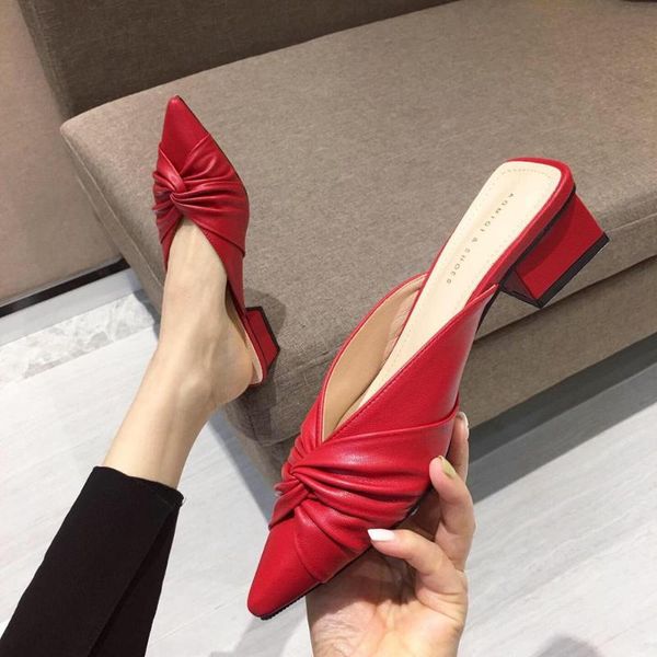 

mules for women 2020 ladies' slippers pointed toe female shoes butterfly-knot square heel med slides new soft cover, Black