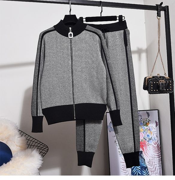 

casual runway suit women loose contrast color patchwork zip sweatshirt + long pencil pants knitted tracksuit set female, White