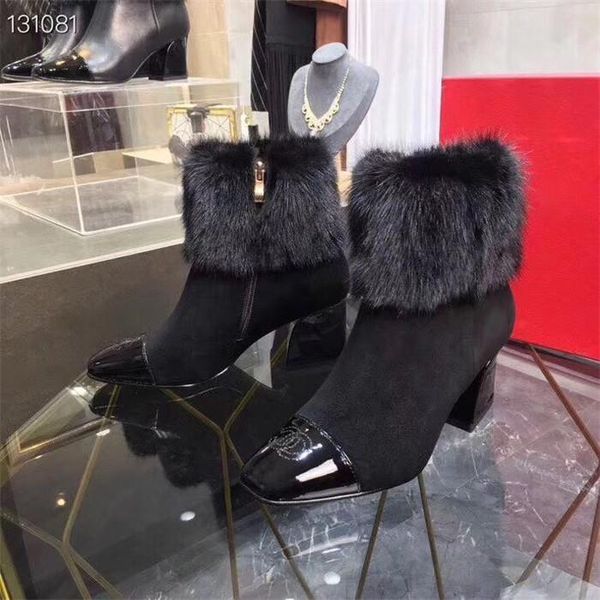 

autumn and winter new rabbit fur frosted leather womenss boots fashion high-heeled plus velvet thick middle boots womenss wild boots, Black