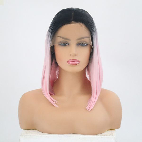 

fashion wig for women 14 inch straight hair heat resistant elastic lace synthetic wigs cosplay synthetic lace front wig omber pink, Black