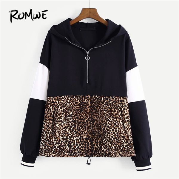 

leopard print color-block hoodie women 2018 autumn casual womens fashion clothing long sleeve half placket sweatshirt, Black